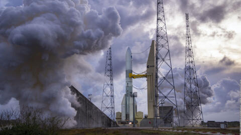 This handout photograph taken and released by ArianeGroup shows a Ariane 6 rocket test run at the Guyanese Space Centre in Kourou, French Guiana, on 23 November 2023.