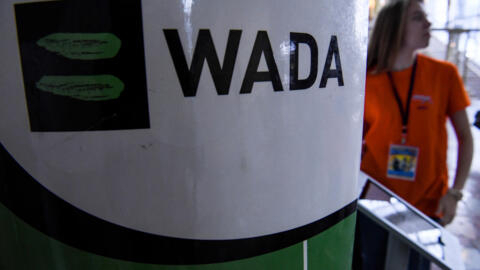 The WADA logo is pictured at the Russkaya Zima (Russian Winter) Athletics competition in Moscow on February 9, 2020.