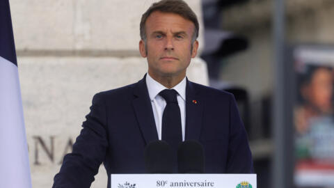 French President Emmanuel Macron delivers a speech during a ceremony commemorating the 80th anniversary of the Liberation of Paris next to the Denfert Rochereau Square in Paris, France, August 25, 202