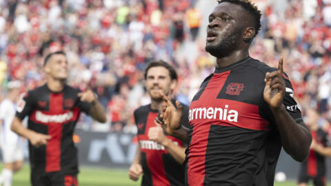 Le Nigérian Victor Boniface célèbre son but face au SV Darmstadt. Le 02 septembre 2023.