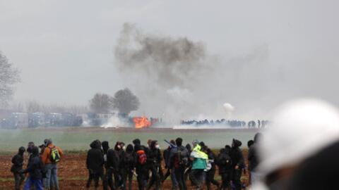 Affrontements entre les forces de l'ordre et les anti-bassines, à Sainte-Soline, le 25 mars 2023.