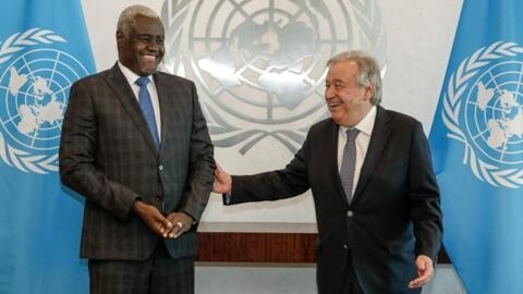 AU commission chairman Moussa Faki Mahamat with UN Secretary General Antonio Guterres in New York, 28 November 2023.