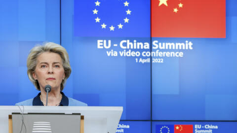 European Commission President Ursula von der Leyen speaks during a media conference at the end of an EU China summit at the European Council building in Brussels, Friday, April 1, 2022.