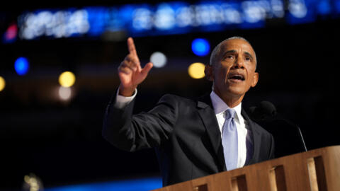 Former US president Barack Obama speaks on stage during the second day of the Democratic National Convention at the United Center on August 20, 2024 in Chicago, Illinois.