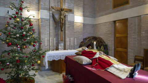 The late Pope Emeritus Benedict XVI lying in state in the chapel of the 'Mater Ecclesiae' monastery in Rome.