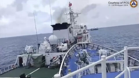 In this image taken from handout video provided by the Philippine Coast Guard, a Chinese Coast Guard ship with bow number 5205, right, collides with Philippine Coast Guard vessel BRP Teresa Magbanua n