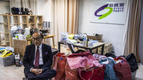 This photo taken on August 3, 2023 shows veteran politician Alan Leong at the Civic Party headquarters, once the second largest opposition party in the city, as he prepares to vacate the party's offic