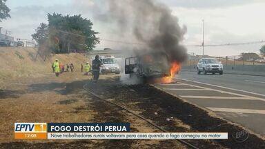 Fogo destrói perua na Rodovia Cândido Portinari em Franca, SP - Nove trabalhadores rurais voltavam para casa quando motor pegou fogo.