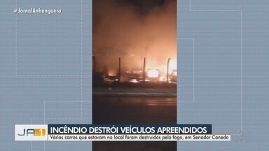 Incêndio atinge pátio da Prefeitura de Senador Canedo e destrói 20 carros - Fogo começou em área de vegetação e se alastrou até depósito de veículos apreendidos pela Polícia Civil.