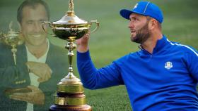 Severiano Ballesteros, el trofeo de la Ryder Cup y Jon Rahm, en un fotomontaje