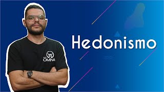 "Hedonismo" escrito sobre fundo azul ao lado da imagem do professor