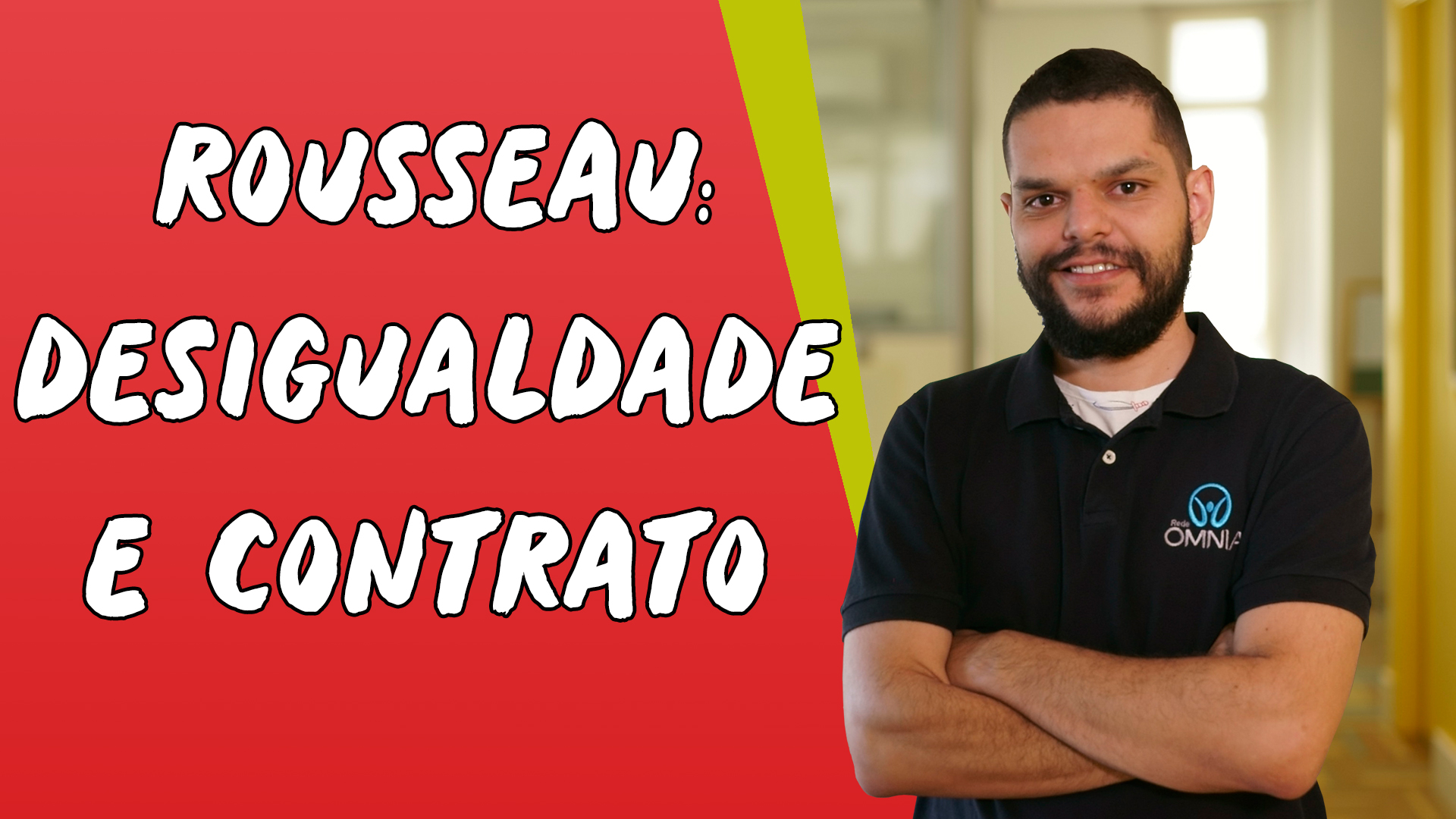 Professor ao lado do texto"Rousseau: Desigualdade e Contrato".