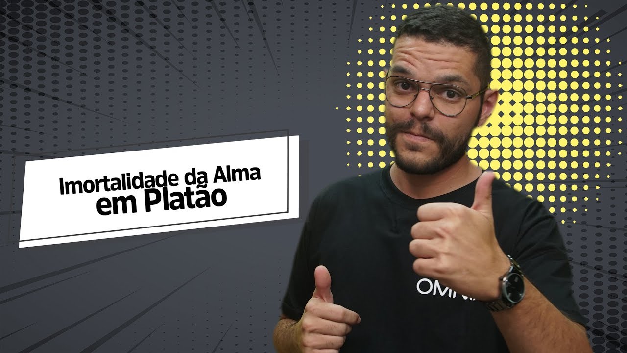 "Imortalidade da Alma em Platão" escrito sobre fundo cinza ao lado da imagem do professor