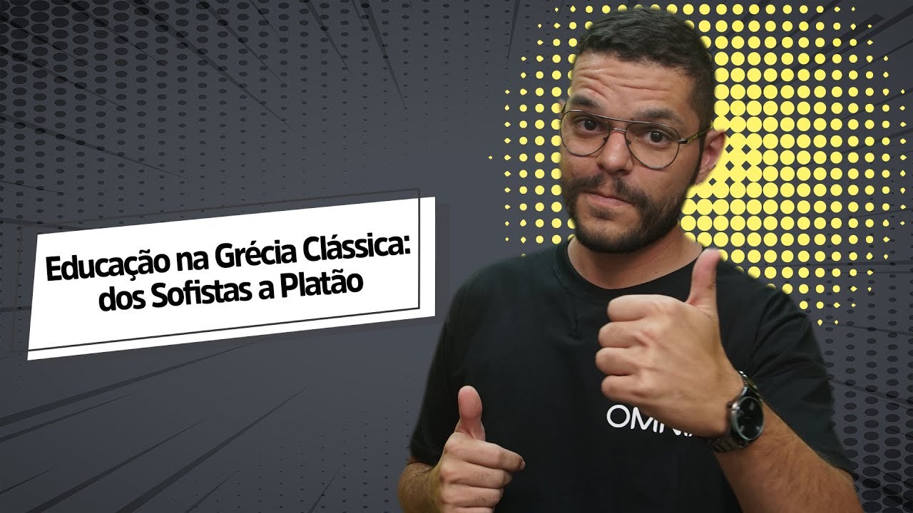 "Educação na Grécia Clássica: dos Sofistas a Platão" escrito sobre fundo cinza ao lado da imagem do professor