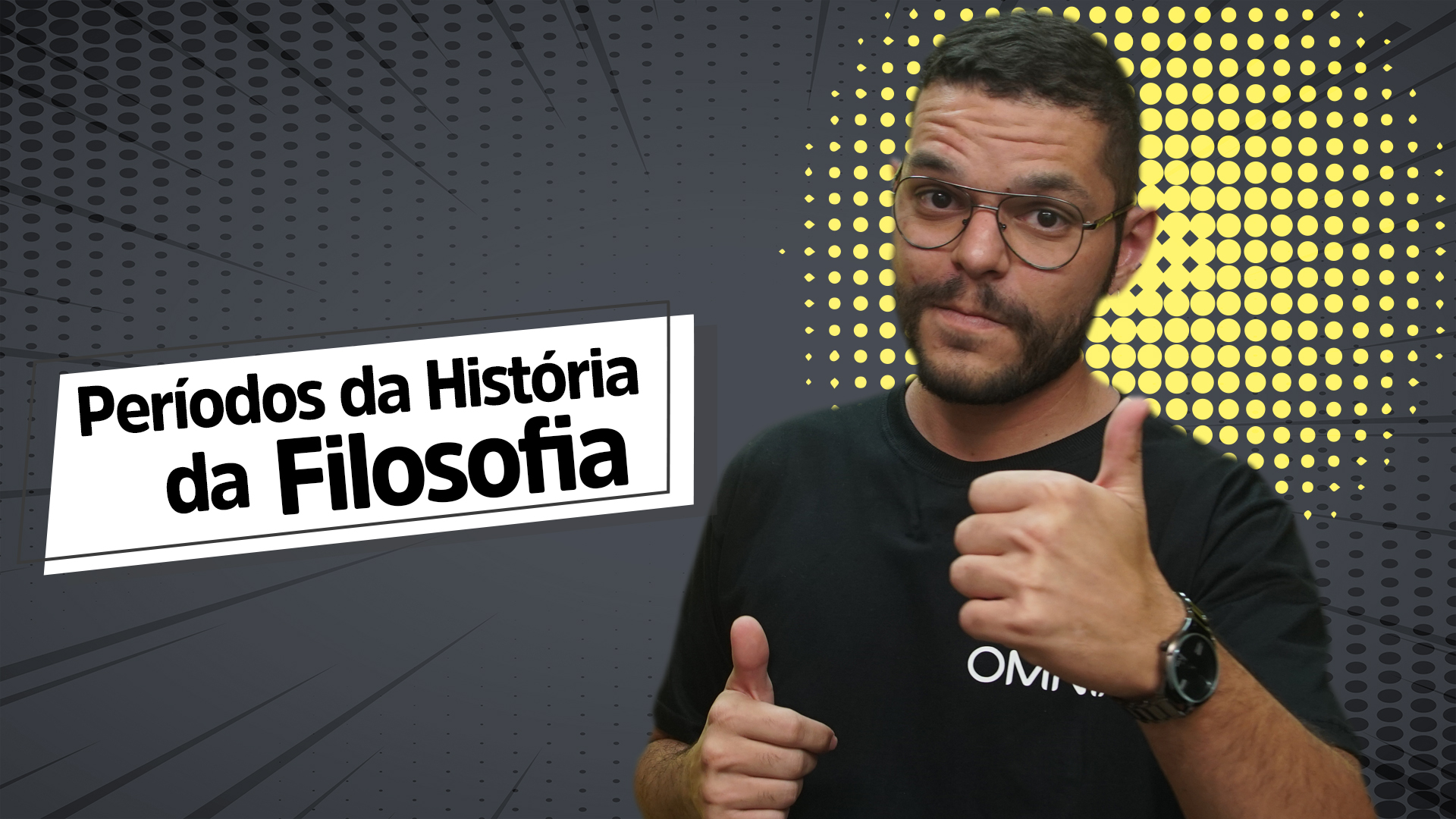 "Períodos da História da Filosofia" escrito sobre fundo cinza ao lado da imagem do professor