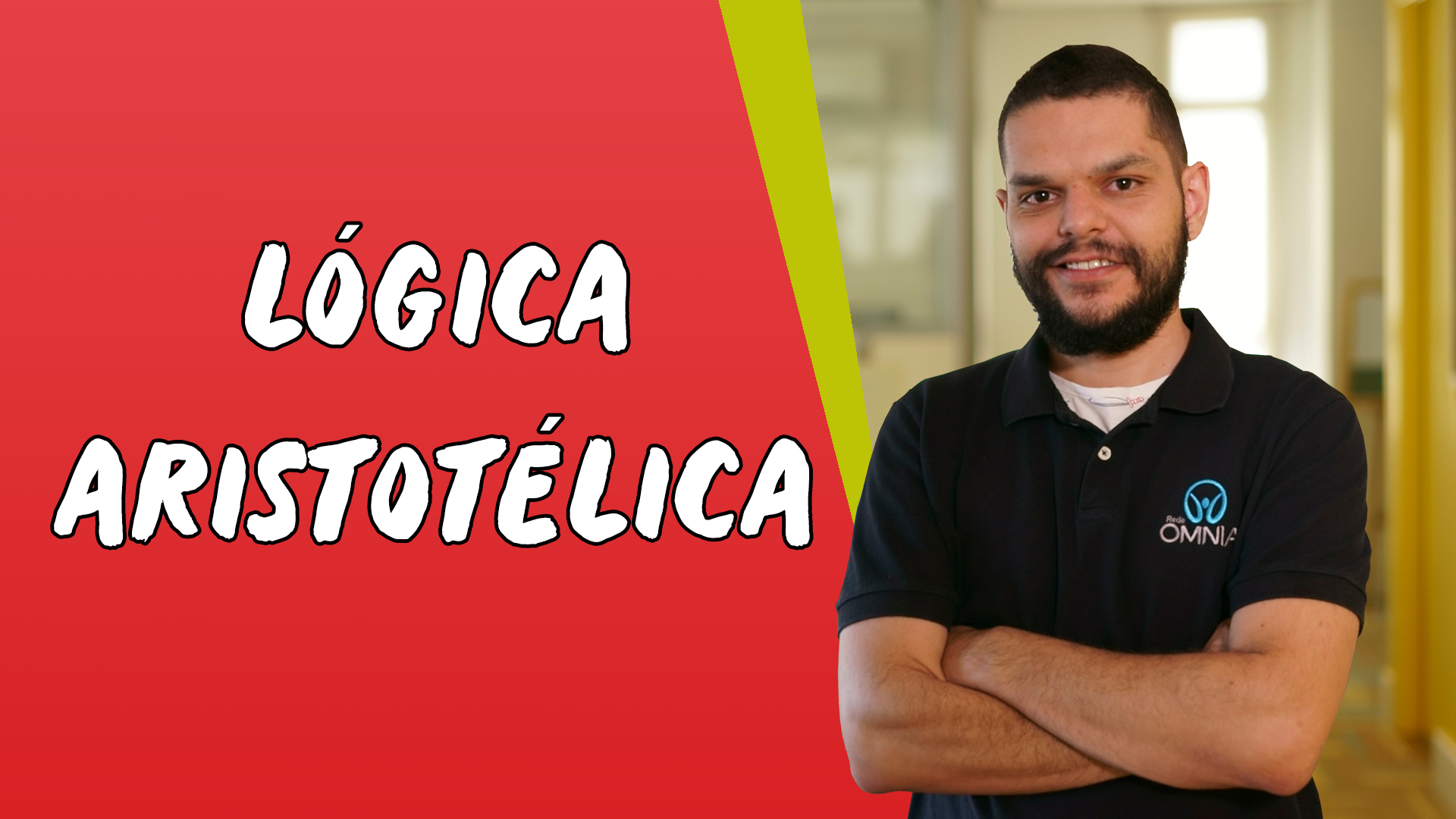 "Lógica Aristotélica" escrito sobre fundo vermelho ao lado da imagem do professor