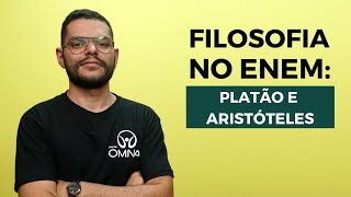 "Filosofia no Enem: Platão e Aristóteles" escrito sobre fundo amarelo ao lado da imagem do professor