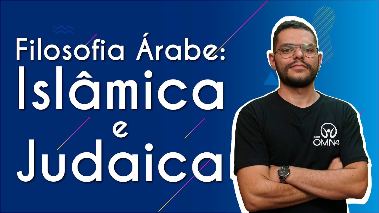 "Filosofia Árabe: Islâmica e Judaica" escrito sobre fundo azul ao lado da imagem do professor