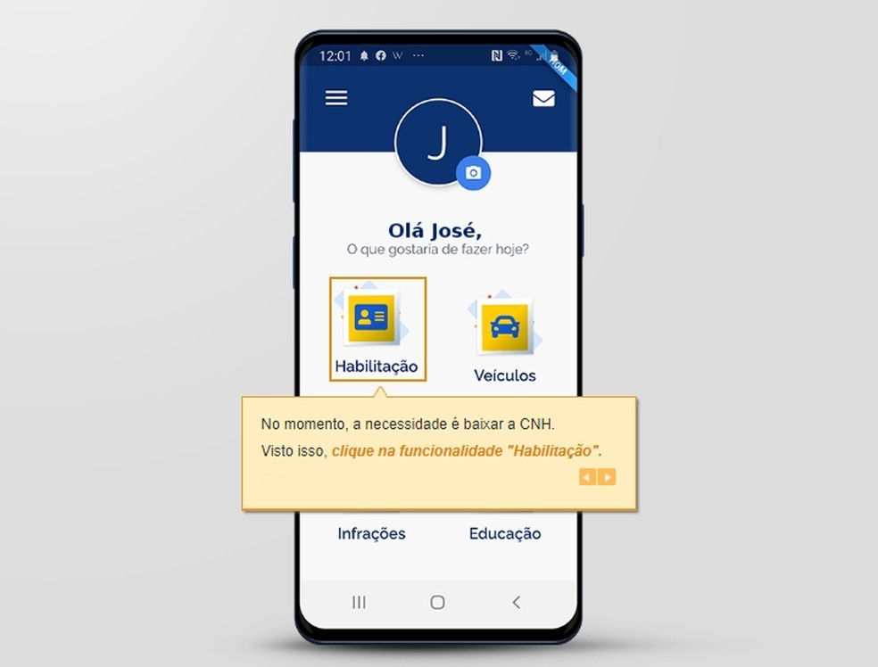 O primeiro ícone que aparece na tela inicial do aplicativo é para acessar a CNH  — Foto: Divulgação 