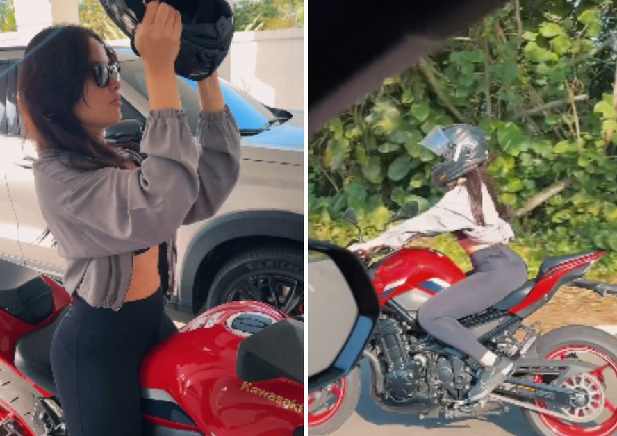 Juliette pilota motocicleta vermelha e agita web