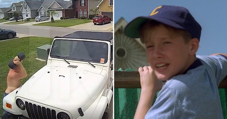 Tom Guiry joga um peso de academia no carro do vizinho; ele em cena do filme 'Se Brincar o Bicho Morde'