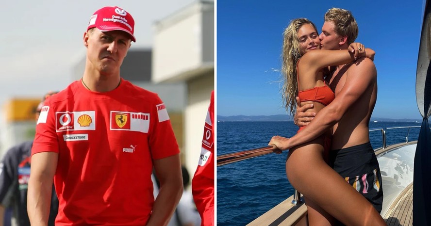Michael Schumacher; seu filho, Mick Schumacher, e a namorada dele, Laila Hasanovic