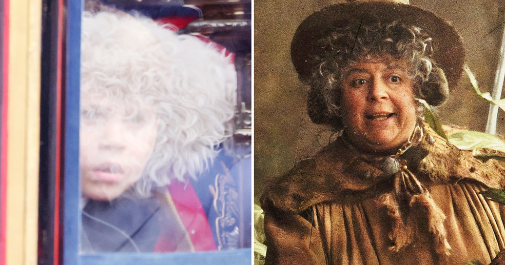 A imagem bizarra de Louis na carruagem; a atriz Miriam Margolyes no papel da professora Sprout em 'Harry Potter' — Foto: Getty Images; Divulgação