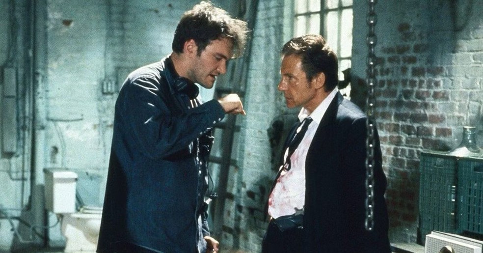 Quentin Tarantino e Harvey Keitel nos bastidores de Cães de Aluguel (1992) — Foto: Reprodução