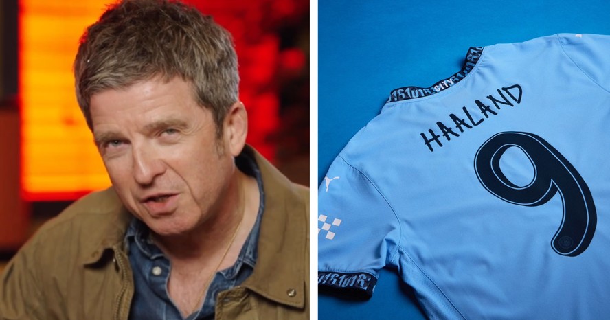 O músico Noel Gallagher; novo uniforme do Manchester City