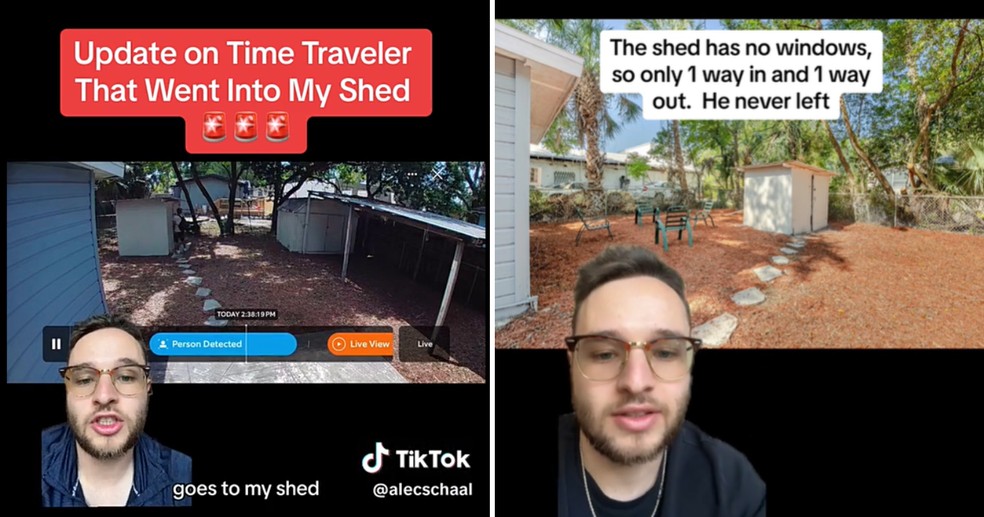 Imagens publicadas pelo tiktoker mostram um homem entrando no galpão e outro saindo horas depois — Foto: Reprodução/TikTok