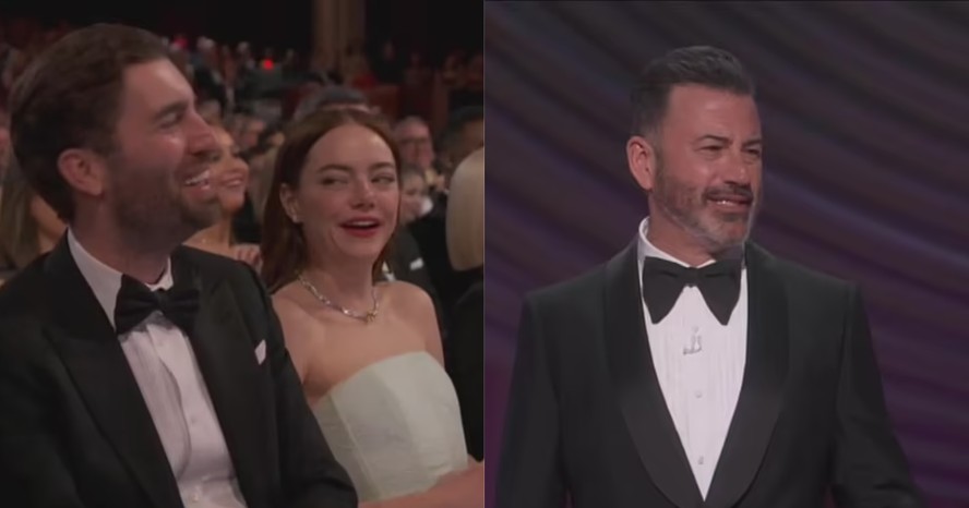 A atriz Emma Stone no Oscar; Jimmy Kimmel durante a cerimônia deste ano