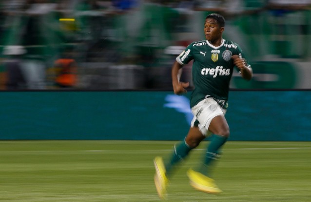 In this file photo taken on November 09, 2022, Palmeiras' Brazilian midfielder Endrick runs during their 2022 Brazilian Championship football match against America MG at Allianz Parque stadium in Sao Paulo, Brazil. - The young Brazilian Endrick, considered one of the most promising talents in world football at the age of 16, will join Real Madrid from July 2024, for an amount that is still "confidential", Palmeiras, his training club, announced on December 15, 2022. (Photo by Miguel SCHINCARIOL / AFP)
