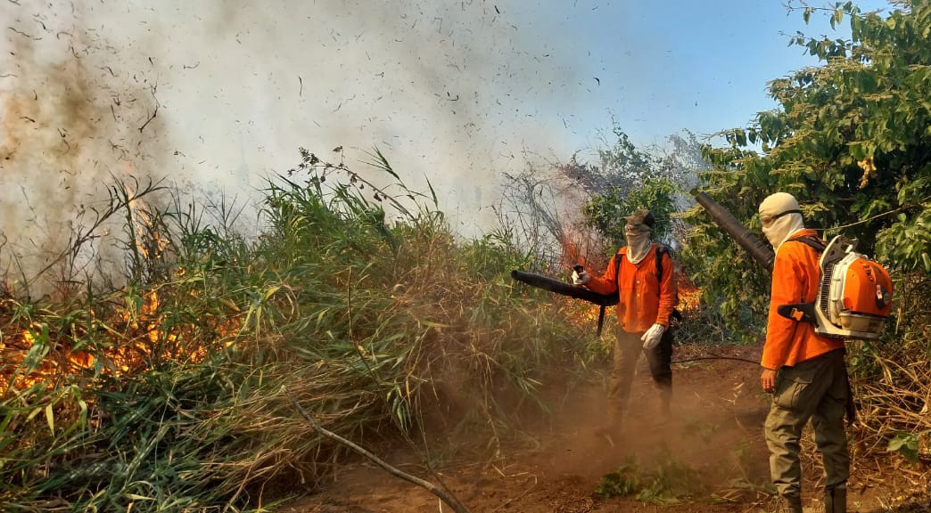 Combate a incêndio na região do Paraguai-mirim, fica há cerca de 2h30 por embarcação rio Paraguai acima, saindo de Corumbá (MS) — Foto: Brigada Alto Pantanal / IHP