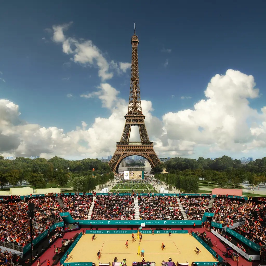 A quadra do vôlei de praia provisória, no Champ de Mars. - Foto: Divulgação/Paris 2024