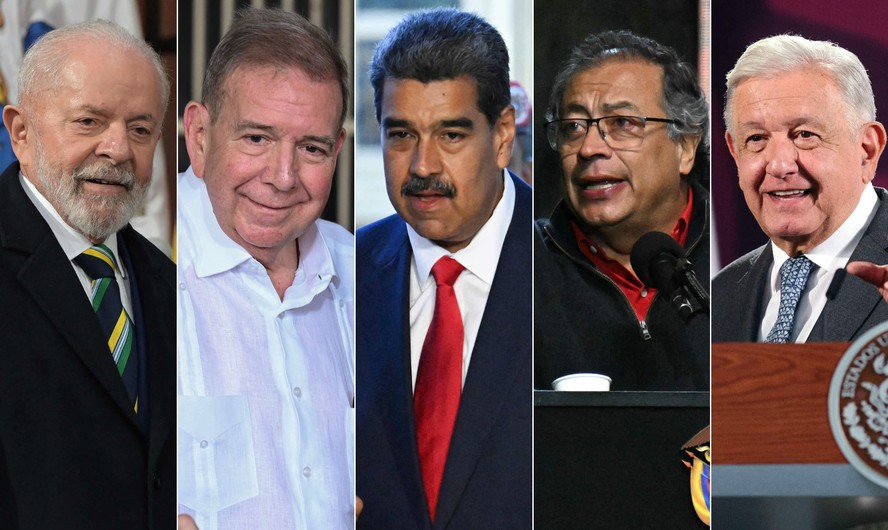 Da esquerda para a direita: o presidente do Brasil, Luiz Inácio Lula da Silva; o candidato oposicionista à presidência da Venezuela, Edmundo González; o ditador venezuelano, Nicolás Maduro; o presidente da Colômbia, Gustavo Petro e o do México, Andrés Manuel López Obrador