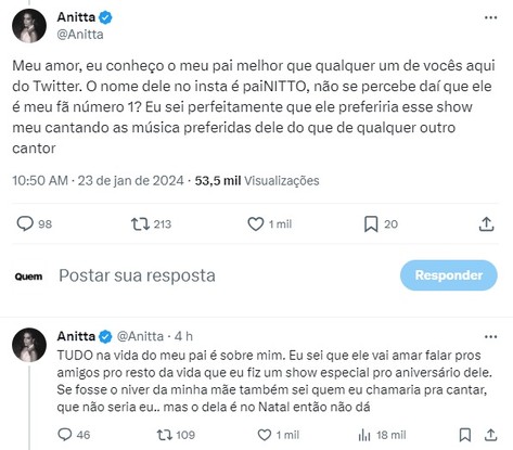 Anitta rebateu seguidora após ela ser a atração da festa de aniversário do Painitto