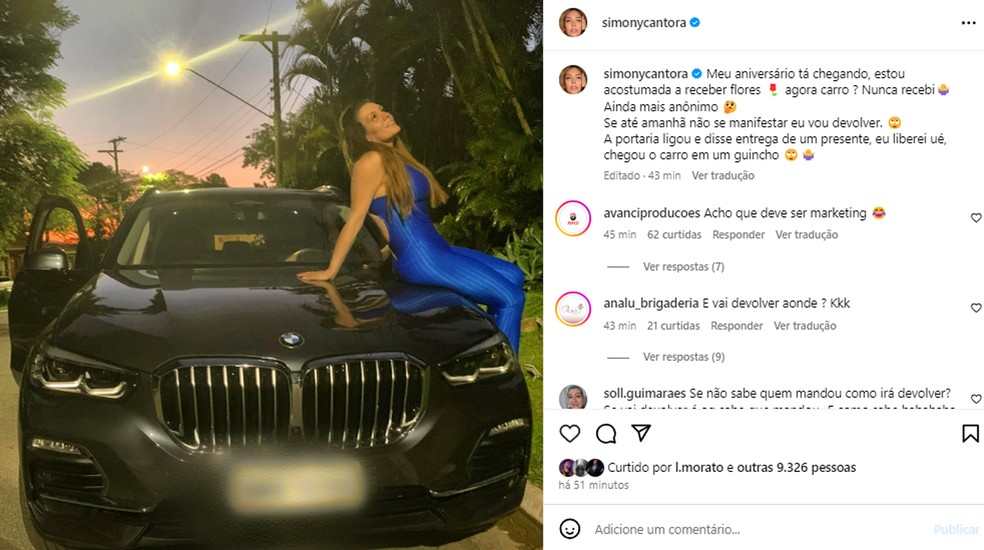 Simony ganha carrão de mais de R$ 730 mil, mas não sabe de quem é o presente — Foto: Reprodução/Instagram