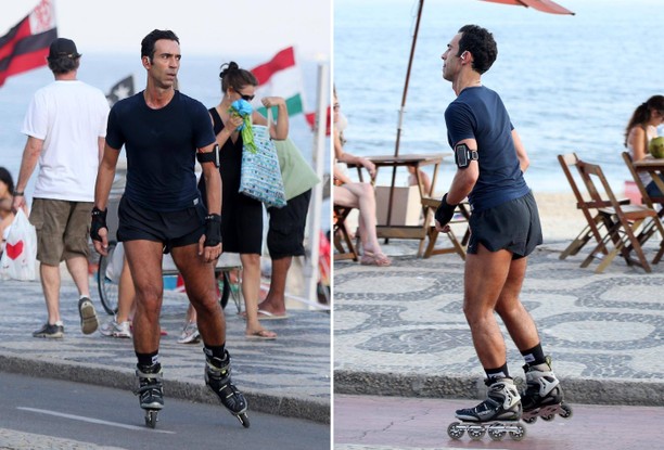 César Tralli de patins na orla do Leblon, no Rio