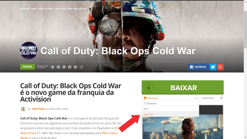 Acesse a página do Call of Duty: Black Ops Cold War pelo TechTudo e selecione o Xbox — Foto: Reprodução/Murilo Molina