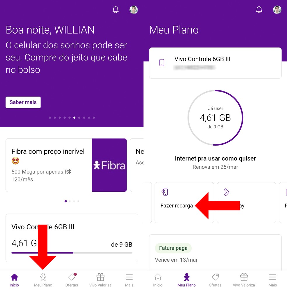 Opções "Meu Plano" e "Fazer recarga" em destaque no aplicativo da Vivo — Foto: Reprodução/Willian Rodrigues