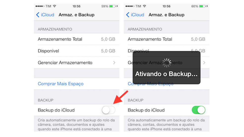 Ativando o backup na nuvem do iCloud em um iPhone  — Foto: Reprodução/Marvin Costa