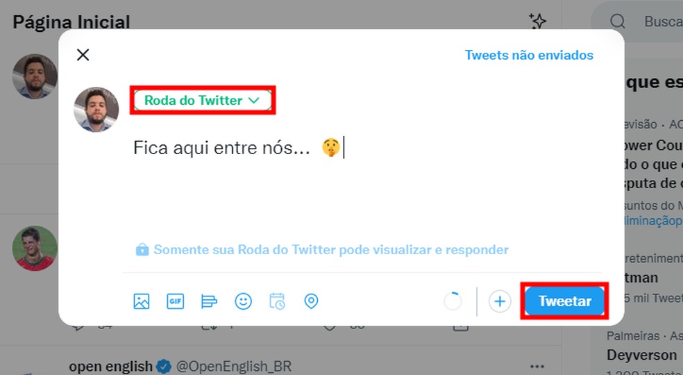 Roda do Twitter permite publicar tuítes para amigos selecionados — Foto: Reprodução/Rodrigo Fernandes