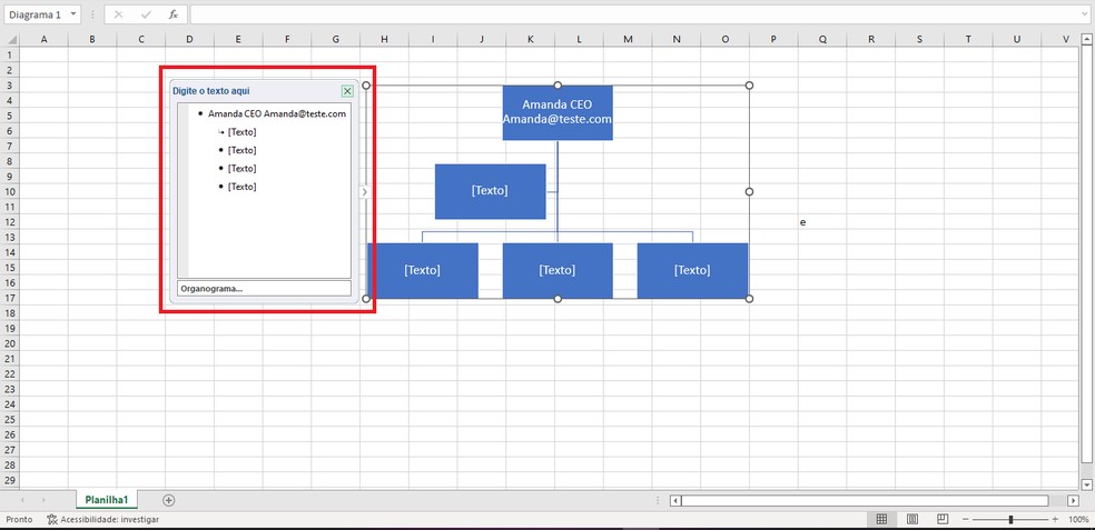 Troque o texto padrão do Excel para a informação que deseja adicionar ao organograma — Foto: Reprodução/Gabriel Pereira