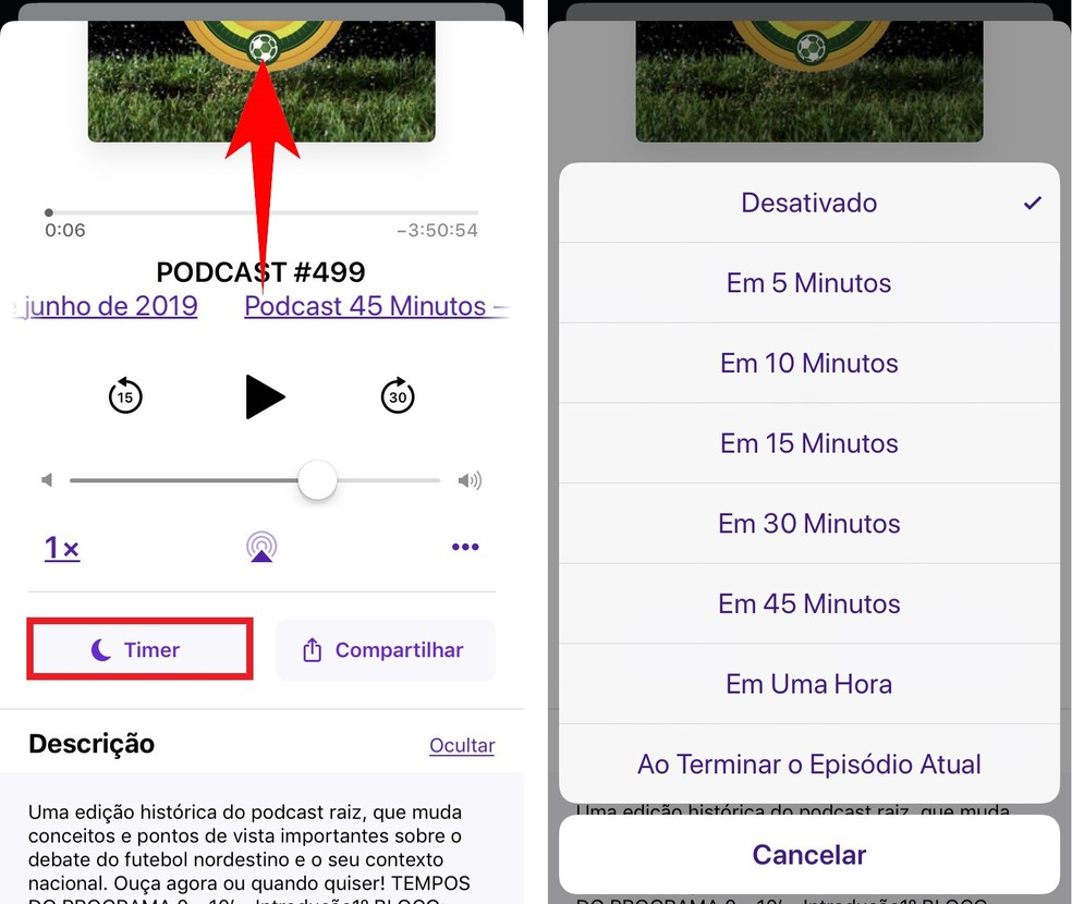 Timer do Apple Podcasts desliga o aplicativo automaticamente com timer ideal para a hora de dormir — Foto: Reprodução/Rodrigo Fernandes