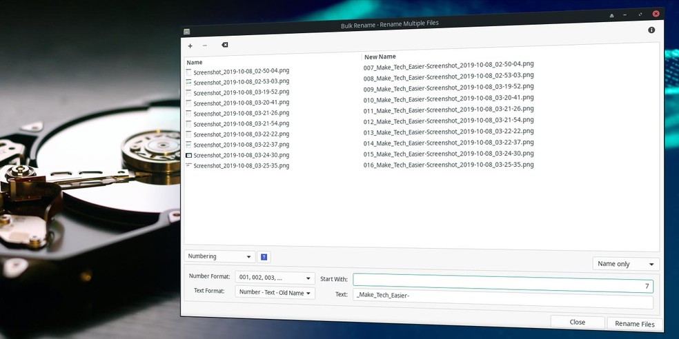 O Thunar Bulk Rename é uma ótima ferramenta para renomear arquivos no Linux — Foto: Reprodução/Make Tech Easier