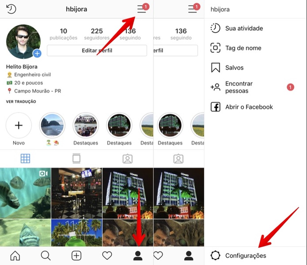 Acesse as configurações do Instagram — Foto: Reprodução/Helito Beggiora