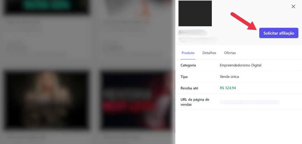 Clique em "Solicitar afiliação" para se tornar afiliado de um produto — Foto: Reprodução/Juliana Villarinho