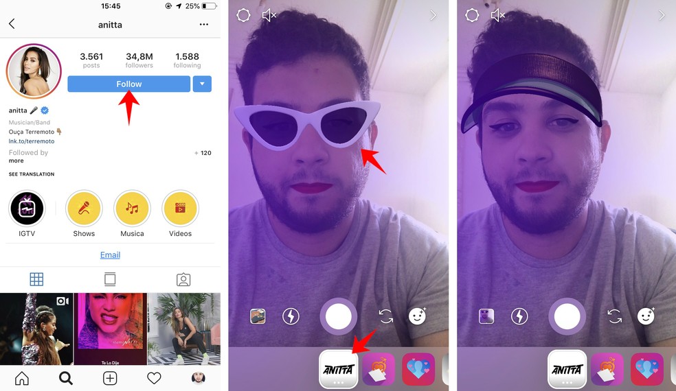 Anitta tem um filtro patrocinado para seus seguidores do Instagram — Foto: Reprodução/Rodrigo Fernandes