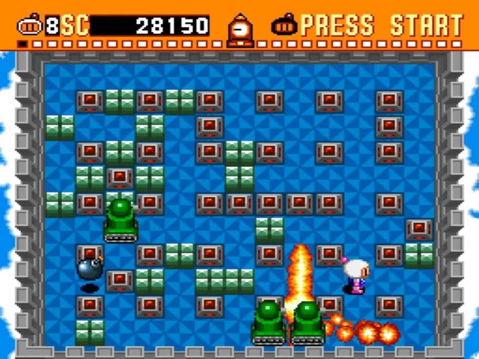 Super Bomberman teve um Normal Game, o modo aventura, sensacional, mas o destaque fica para seu Battle Mode, que ajudou a popularizar a competição na franquia — Foto: Reprodução/NintendoComplete YouTube