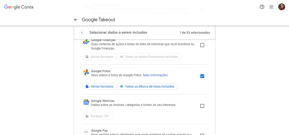 Para recuperar fotos com o Google Takeout, selecione o Google Fotos na hora da exportação de arquivos — Foto: Reprodução/Carolina Torres